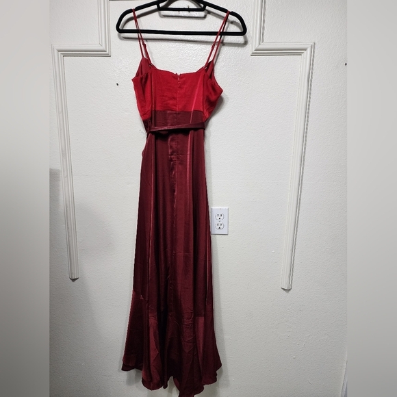 Lulus Double Darling Burgundy Color Block Satin Ruffled Maxi Dress S Wedding - Picture 9 of 12